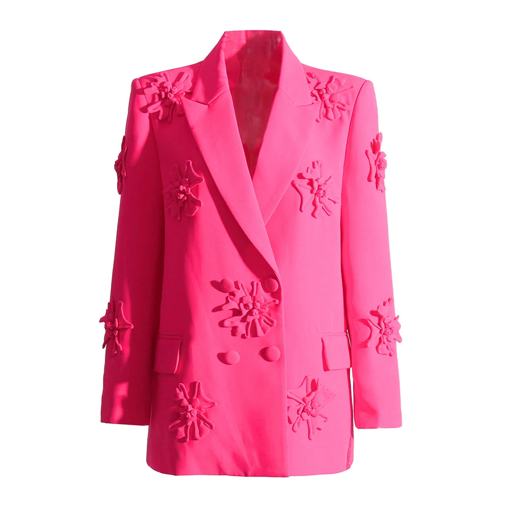 3D Floral Appliqué Double-Breasted Blazer