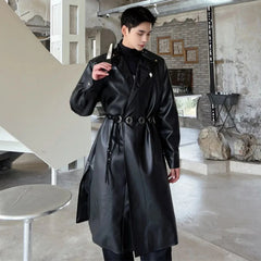 Men's Classic Black Faux Leather Trench Coat