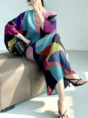 Pleated Geometric Batwing Dress