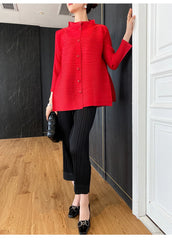 Luxury Red Pleated Asymmetrical Plissé Cardigan