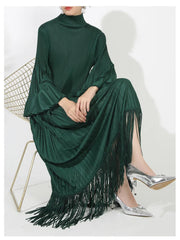 Plissé Pleated Tassel Long Sleeve Midi Dress