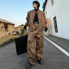 Men's 2 Piece Set Brown Streetwear Jacket & Pants