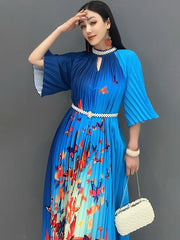 Women's Butterfly Print Blue Gradient Pleated Midi Dress