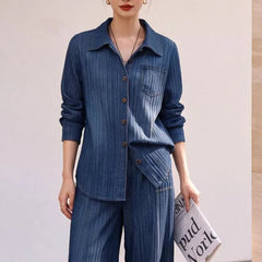 Luxury Plissé Denim Print Pants Set