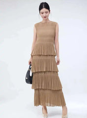 Unique Tiered Pleated Sleeveless Dress