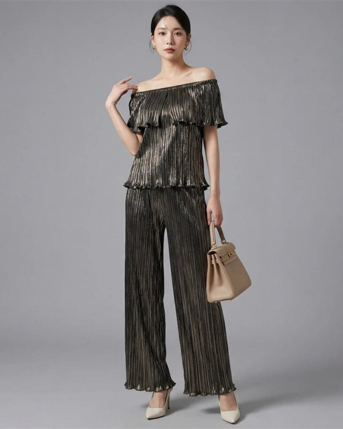2-Piece Metallic Plissé Pant Set