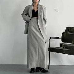 Asymmetrical Pinstripe Blazer & Maxi Skirt Suit