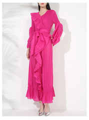 Pleated Plissé Ruffle Trim Maxi Dress