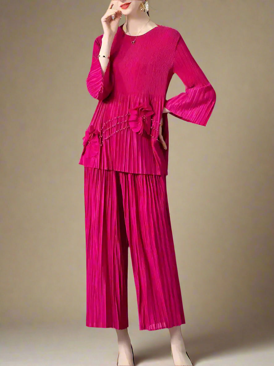 Floral Plissé Blouse & Trouser Set