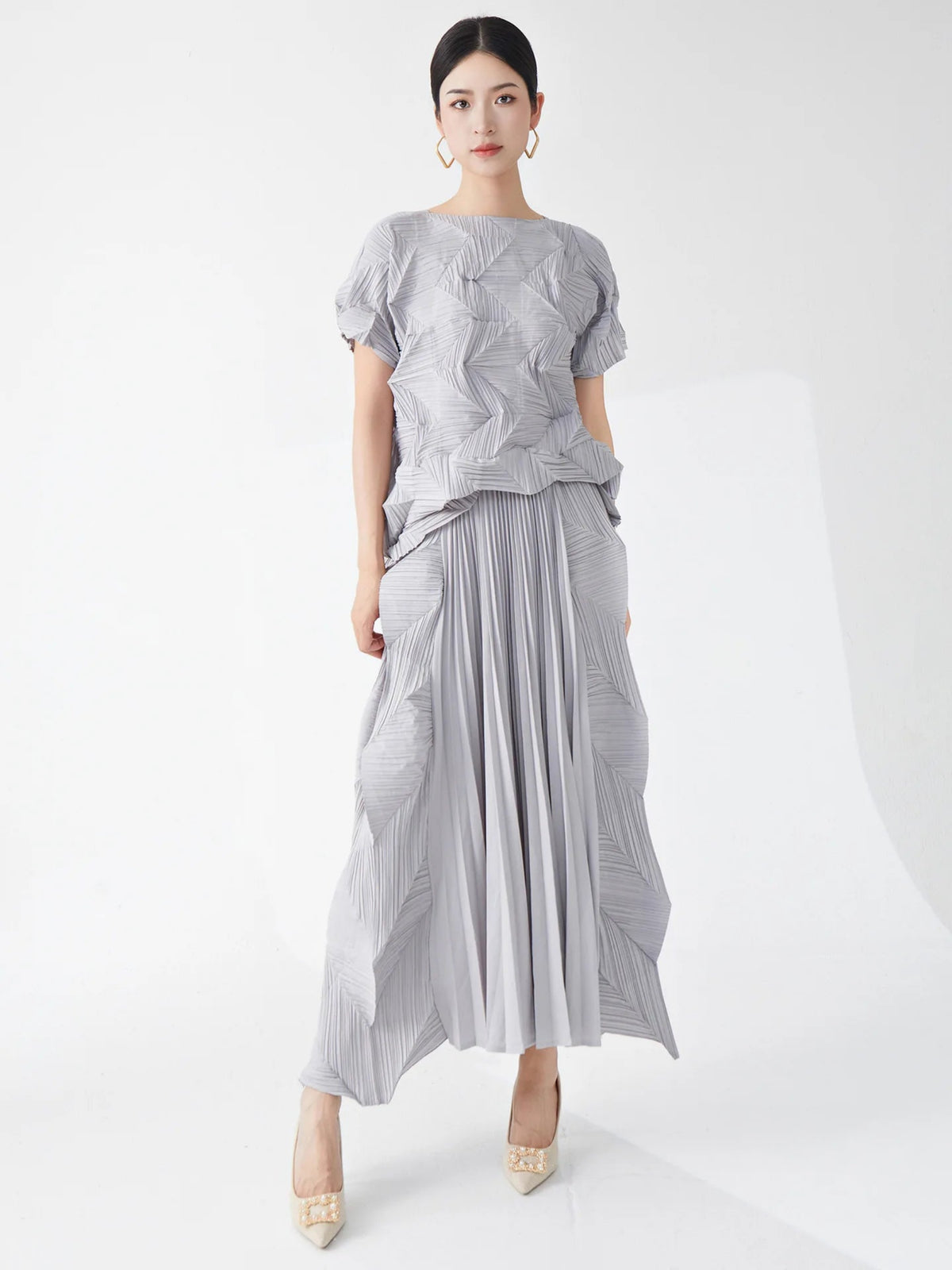 Ikebana Pleated Geometric Top and Skirt