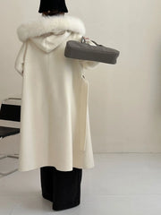 Luxury Wool-Blend Faux Fur Hooded Coat