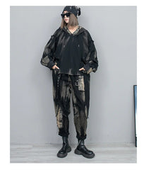 HEYFANCYSTYLE Distressed Hooded Top & Ankle-Length Pants Set