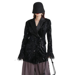 Women's Black Sequin Feather Boyfriend Blazer