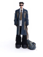 Men's Rugged Denim Streetwear Long Coat