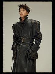 Men's Black Vegan Leather Trench Coat - Luxury Streetwear