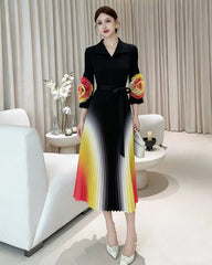 Luxury Pleated Floral-Sleeve Dress