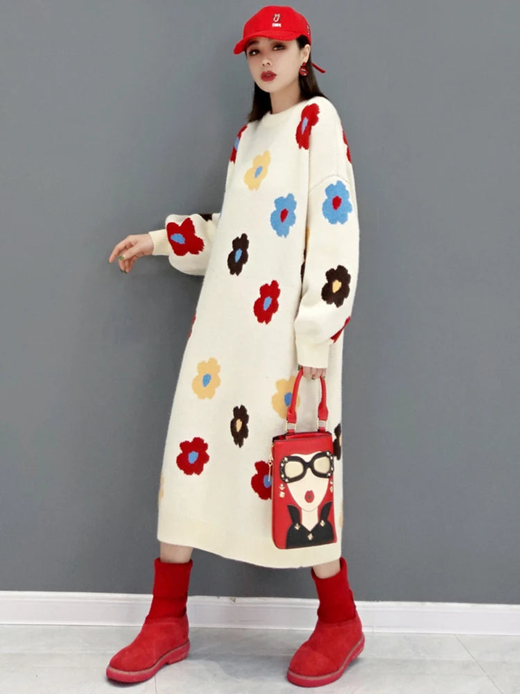 HEYFANCYSTYLE Cheerful Blossoms Knitted Sweater Dress