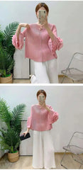 Luxury Pleated Ruffle Cuff Blouse