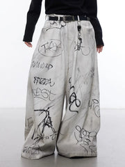 Men's Streetwear Oversized Beige Graffiti Wide Leg Trousers