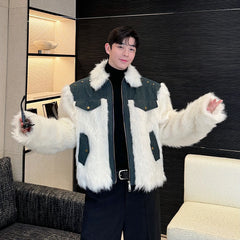 Men's Denim & Fluffy Faux Fur Short Coat