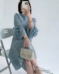 Luxe Floral-Sleeve Pleated Dress