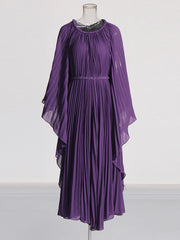 Women's Modest Pleated Long Sleeve Midi Dress