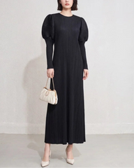 Puff Sleeve Plissé Midi Dress
