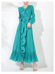 Pleated Plissé Ruffle Trim Maxi Dress