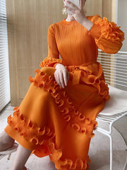 Bella Orange Floral Pleated Sleeve Dress
