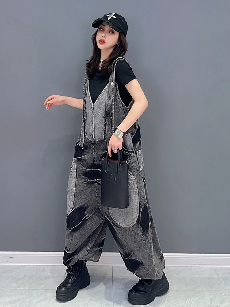 HEYFANCYSTYLE Charcoal Distressed Loose Fit Denim Jumpsuit