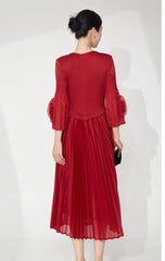Elegant Ruffle Bell Sleeve Pleated Dress