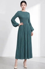 Balloon Sleeve Pleated Dress