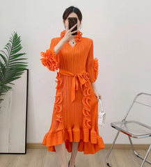 Pleated Ruffled Collar Dress