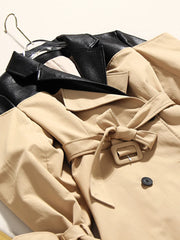 Women's Khaki Vegan Leather Long Trench Coat