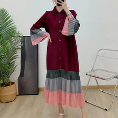 Plisse Pleated Blouse Long Sleeve Dress