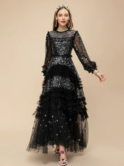 Glamorous Black Sequin Tulle Long Dress