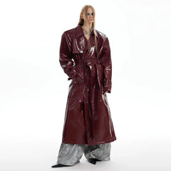 Men's Extra Long Patent Faux Leather Trench Coat