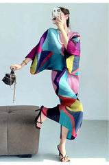 Pleated Geometric Batwing Dress