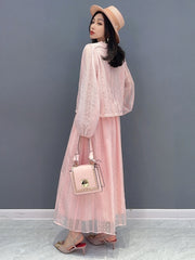 Pink or White Long Sleeve Lace Top & Maxi Skirt 2-Piece Set