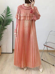 Pleated Modest Metallic Long Sleeve Midi Dress