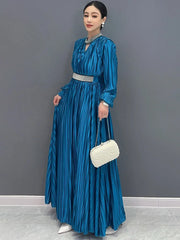 Women's Elegant Blue Striped Pleated Midi Dress