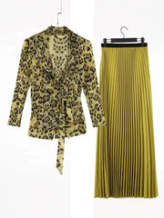 Leopard Pleated Skirt & Wrap Blouse