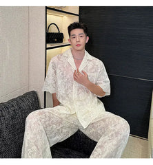 Men's Sheer 2-Piece Embroidery White Lace Suit Set