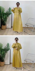 Pleated Modest Metallic Long Sleeve Midi Dress