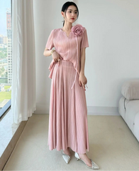 Flowy Pleated Blouse & Skirt Set