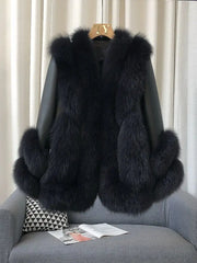 Luxury Women's Fox Fur Leather Coat