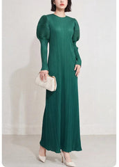 Puff Sleeve Plissé Midi Dress