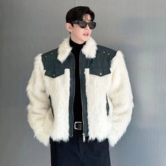 Men's Denim & Fluffy Faux Fur Short Coat