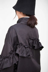 Women's Luxe Black Oversized Ruffled Jacket