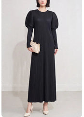 Puff Sleeve Plissé Midi Dress